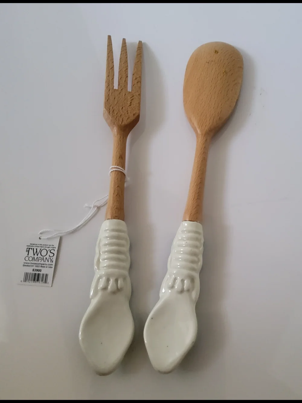 Two's Company Green Hand-Painted Ceramic Handle Wooden Serving Spoon & Fork